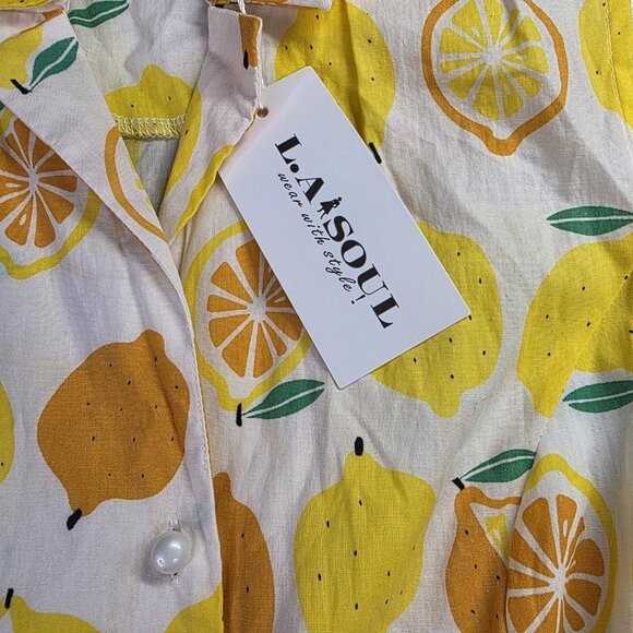 La Soul Dress Womens Large Lemon Print Belted Sleeveless Pockets Summer Casual - Picture 9 of 16